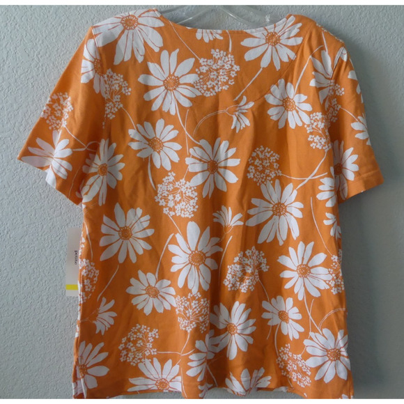 Alfred Dunner Short Sleeve Top PM Floral Sequin Petite Orange White Summer - Picture 5 of 8